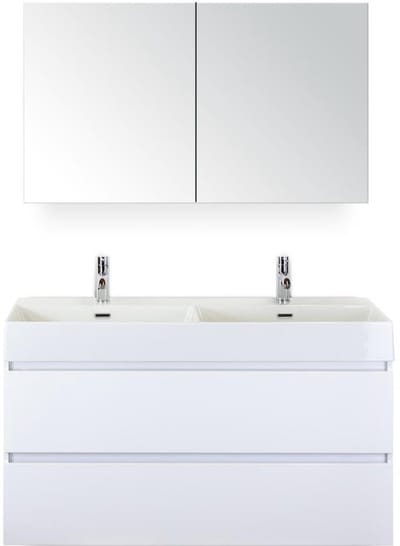 Maxx XL Badmeubelset 120 cm - Wit Hoogglans - Wastafel Kube Dubbel 2 Kraangaten met Spiegelkast