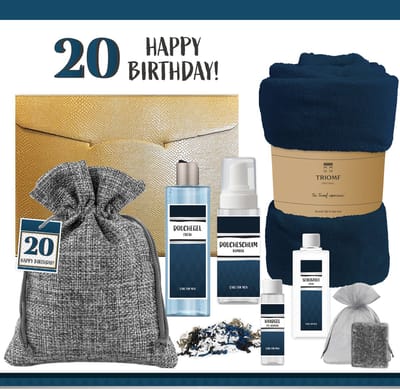 Geschenkset “20 Jaar Happy Birthday!” - 7 Producten - 1100 Gram - Triomf Cosmetica | Giftset voor hem Luxe wellness cadeaubox Cadeau man Verjaardag Veertig Gefeliciteerd Gift Twenty years Party Cadeaupakket Deluxe Vriend Verjaardagscadeau Blauw