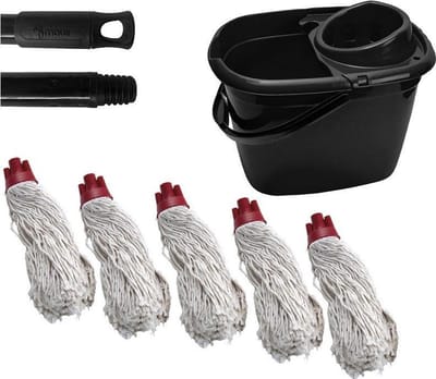 MAUS complete dweil set gerecycled -14 liter emmer zwart inclusief steel en 5 spaanse moppen rood