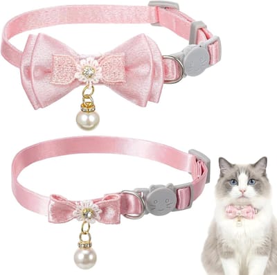 2-pack Roze strikjeshalsband voor katten, schattige strikjeshalsband voor poesjes, schattige kattenhalsband voor meisjes, verstelbare halsband voor katten met strik en parelhanger, snel te