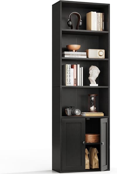 HOMESY 6-laags boekenkast met deuren en kastje, Vloerstaand boekenrek voor presentatie en opslag, Boekenkasten voor huis, kantoor, woonkamer, slaapkamer, Zwart, 48 x 24 x 176