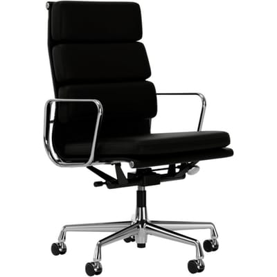 Vitra - Soft Pad Chair - EA 219 - verchroomd - Leder/Plano - nero/nero - Wieltjes voor harde bodems - zwart