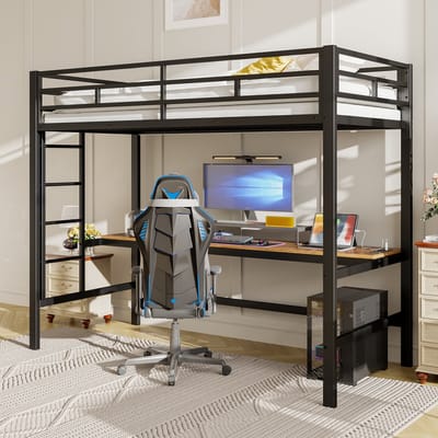 MODFU Hoogslaper 90x200 cm – Met bureau, LED-strip en laadstation (USB/Type-C) – Zwart metaal – Voor thuisstudie en kleine kamers