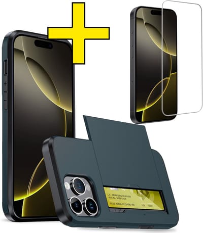 Hoesje Geschikt voor iPhone 16 Pro Hoesje Case Pashouder Hard Cover Met Screenprotector - Hoes Geschikt voor iPhone 16 Pro Hoesje Met Kaarthouder - Donkerblauw