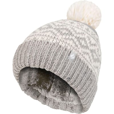 Dames Patroon Omgevouwen Bobble Muts | Heat Holders | Chunky Kabelbrei met Heatweaver Fleece Binnenvoering | Billingen Stijl - Lichtgrijs