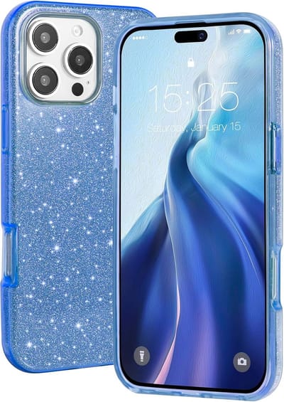 Casemania Hoesje Geschikt voor Apple iPhone 16 Pro - Blauw - Glitter Back Cover