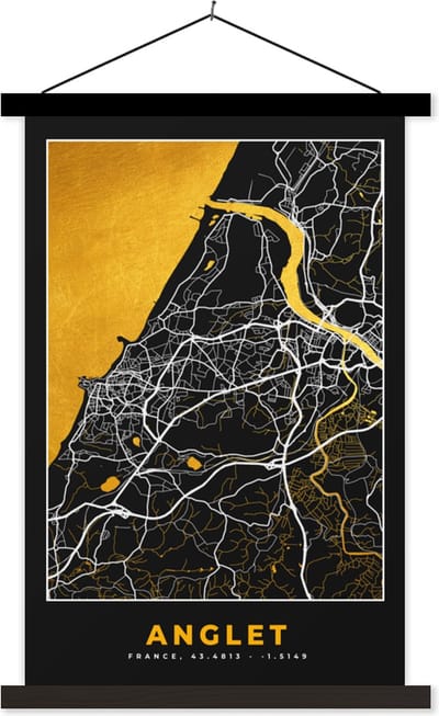 Posterhanger incl. Poster 40x60 cm - Schoolplaat - Frankrijk – Plattegrond – Kaart – Anglet – Stadskaart - Textielposter - Zwarte latten - Stadskaart