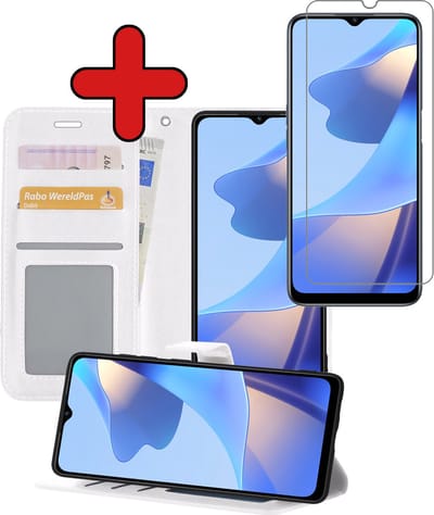 Hoesje - Met Screenprotector - Geschikt voor OPPO A16 - Luxe Pasjeshouder - Flipcase - Bookcase Portemonee - Flip Case - Kunstleer Book Case - Book Cover - Walletcase - Portemonneehoes - Telefoonhoes - Wit