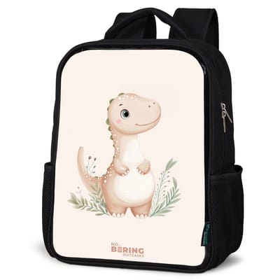 NoBoringSuitcases.com® - Rugzak zwart - Schooltas jongen & meisje - Beige dinosaurus met groene blaadjes - Rugtas voor school - Boekentas kind - Schoolrugzak - Kinderrugzak