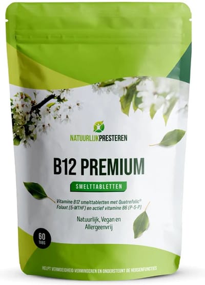 B12 Premium - 1000 mcg - Smelttablet - Actief vitamine B12, B6 en 5-MTHF folaat - 60 tabs - Aardbei