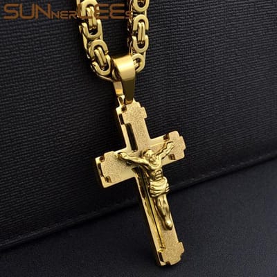Roestvrijstalen Jezus Christus Kruis Hanger Ketting Byzantijnse Schakelketting Zilverkleur Verguld Mannen Jongen Cadeau Sp217 90cm goud