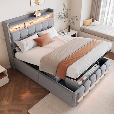 BLACKCOLORS Gestoffeerd bed 140*200 cm met ledverlichting en USB-aansluiting, hoofdeinde met planken en opbergruimte, met hydraulisch systeem voor opslag, tweepersoonsbed voor volwassenen, lichtgrijze linnen stof