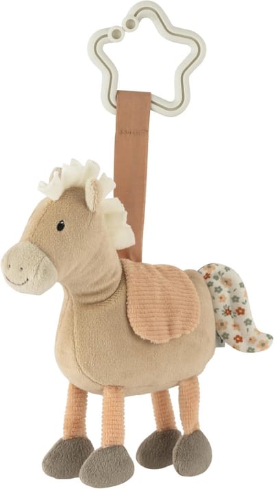 Speelgoed Paard Trailer - Hanger Rammelaar - Baby Vermaak - Draaiende Pootjes - 20 x 15 x 4.8 cm - Lichtbeige