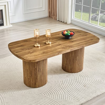 OKWISH Eettafel – Ovale Tafel Voor 6-8 Personen – Geribbelde Cilindervoeten – Wabi-Sabi Stijl – MDF Houtkleur