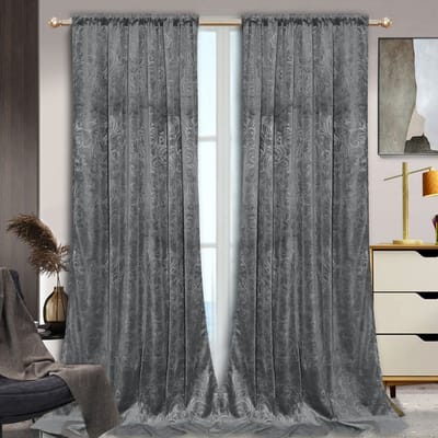 MUPOO Kant-en-Klaar Velours Gordijnen – 2 Stuks Luxe Crushed Velvet met Damastdesign – Verduisterend & Warmtewerend, Superzacht en Dikker – Rod Pocket & Back Tab – Ideaal voor Woonkamer/Slaapkamer – Donkergrijs 132cm×244cm