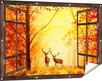 Gards Tuinposter Doorkijk Getekende Herten in het Bos - Herfst - 120x80 cm - Tuindoek - Tuindecoratie - Wanddecoratie buiten - Tuinschilderij