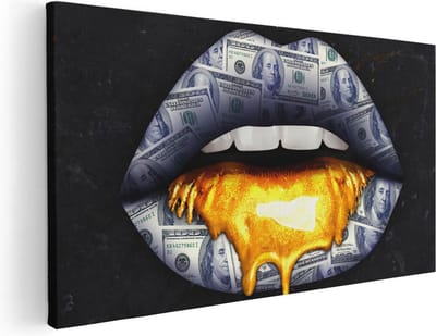Artaza Canvas Schilderij Lippen Dollar - 40x20 cm - Klein - Wanddecoratie Pop Art - Muurdecoratie Geld - Decoratie Goud