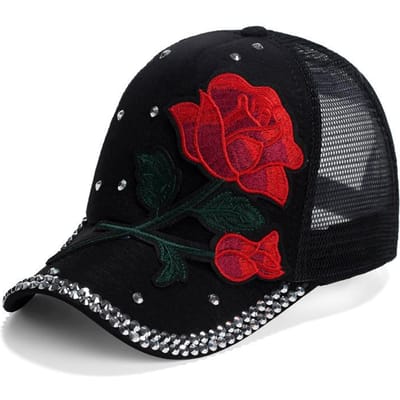 Geborduurde rozen honkbalpet met mesh en diamantinleg, veelzijdige casual zonnehoed voor dames in de zomer Adjustable black
