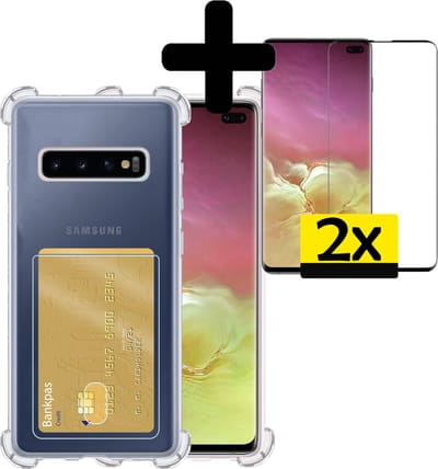 Hoesje - Geschikt voor Samsung Galaxy S10 - Met 2x Screenprotector - Pashouder - Kaarthouder - Telefoon Hoes Shockproof - Siliconen Case - Back Cover - Shock Proof - Pasjes Houder - Telefoonhoesjes - Transparant