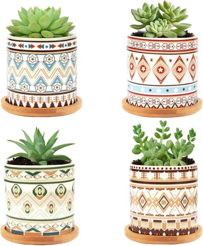 4-delige Set Mini Keramische Succulentenpotten met Bamboe Onderzetters