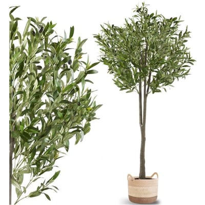 tectake® Kunstmatige Olijfboom Oleand – Mediterrane Kunstplant met Realistische Bladeren en Olijven – Onderhoudsvriendelijk en Veelzijdig – Inclusief Stevige Bloempot – Hoogte: 150 cm