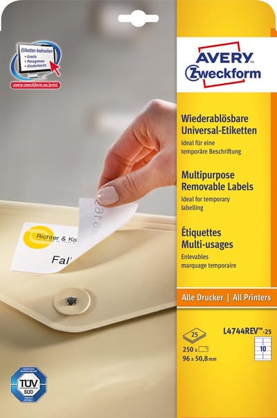 Avery afneembare witte etiketten Stick & Lift ft 96 x 50,8 mm, 250 stuks, 10 per blad 5 stuks