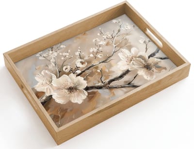 Dienblad hout 40x30 cm - Schootdienblad - Bloemen - Natuur - Wit - Bloesem - Abstract - Borrelplank rechthoek - Plateau dienbladen