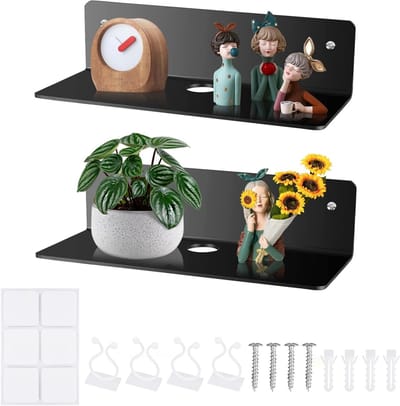Set van 2 Wandplanken van Acryl voor Badkamer en Slaapkamer - Zwevende Planken in Zwart voor Wandmontage