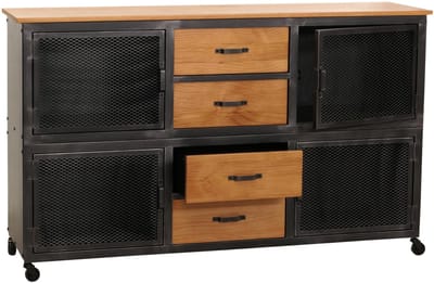 Dressoir MCW-N28, ladekast, wielen 4 laden, 3D structuur industrieel retro metaal hout 90x150x40cm ~ zwart, naturel