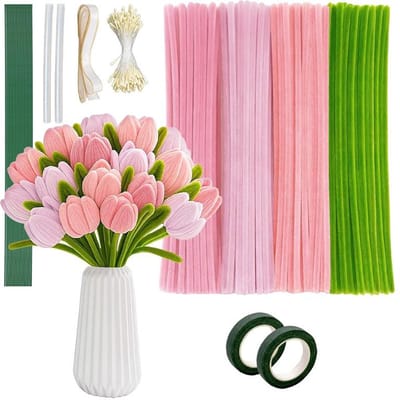 Tulpenboeket maken - DIY Chenille Bloemenarrangement Kit - Boeket van pluizige chenillestelen - 400 stelen - Geschikt voor huisdecoratie, handgemaakte cadeaus, stressvermindering, meditatie en knutselactiviteiten voor het hele gezin