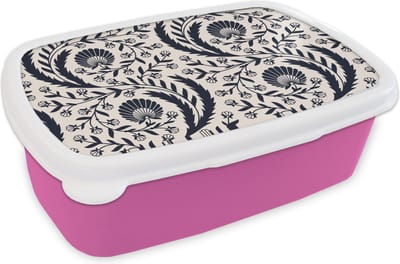 Broodtrommel Roze - Lunchbox - Brooddoos - Patroon - Bloem - Zwart - 18x12x6 cm - Kinderen - Meisje