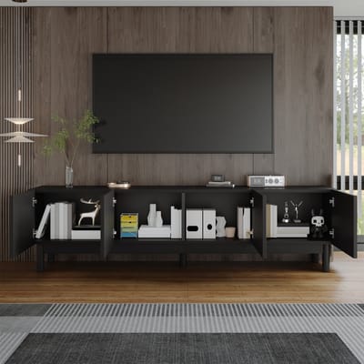 MODENUIT Tv-Meubel - Golfvormige Greeploze Deuren Met Opbergruimte - Voor Woonkamer - Hout Zwart - 169x34x45,5 cm