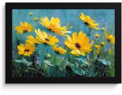Poster in lijst - Fotolijst 30x20 cm - Posters - Penseelstreken - Bloemen - Felgeel - Abstract - Posterlijst zwart - Decoratie - Wanddecoratie woonkamer - Muurdecoratie slaapkamer