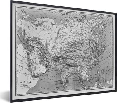 Fotolijst incl. Poster Zwart Wit- Klassieke wereldkaart zwart wit - 40x30 cm - Posterlijst
