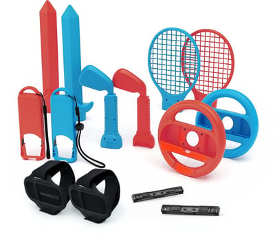 Phreeze accessoire set geschikt voor Nintendo Switch 2 - sport accessoires - stuurwiel - racket - zwaard - grip - geschikt voor joy con - rood en blauw - 12 in 1 bundle
