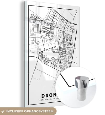 MuchoWow® Glasschilderij 40x60 cm - Schilderij acrylglas - Kaart - Dronten - Zwart - Wit - Foto op glas - Schilderijen
