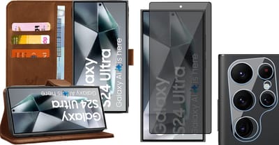 Hoesje geschikt voor Samsung Galaxy S24 Ultra - Privacy Screenprotector Volledig Dekkend Glas & Camera - Portemonnee Book Case Bruin
