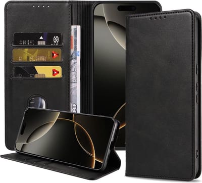 Smartphonica Telefoonhoesje geschikt voor iPhone 16 Pro kunstleren Hoesje met Magnetische sluiting en Pasjeshouders Book Case met Klepje - Zwart geschikt voor iPhone 16 Pro