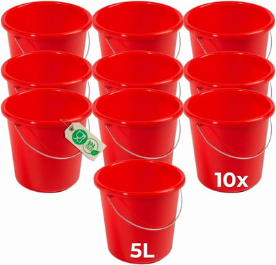 Novaliv 10 stuks emmer 5L rood met maatverdeling - schoonmaak emmer 5 liter? 22,5 cm Praktische alleskunner met schaalverdeling voor huishouden & tuin ideaal als huishoudemmer, wateremmer, dweilemmer, emmer