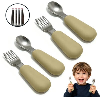 Babybestekset Vork & Lepel – 2 Sets (2 lepels + 2 vorken) – Bestek voor baby's en peuters – Eetgerei voor kinderen – Leerbestek voor zuigelingen – Roestvrijstalen vorken en lepels met korte siliconen handvatten – Babyvork- en lepelset – 11,5 x 2,8 cm