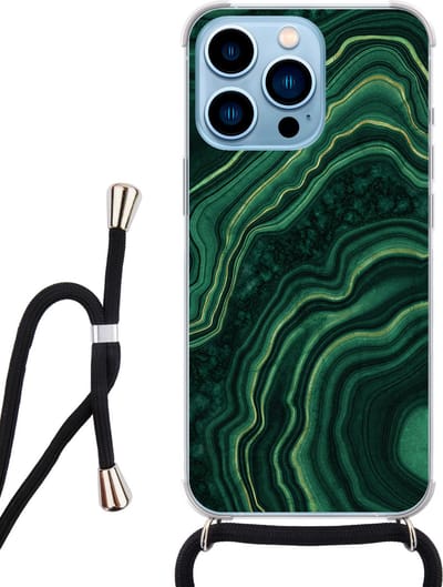 Hoesje met koord - Geschikt voor iPhone 13 Pro - Marmer groen agate - Verstelbaar zwart koord - Transparant, Groen - Marmer - Leuke Telefoonhoesjes