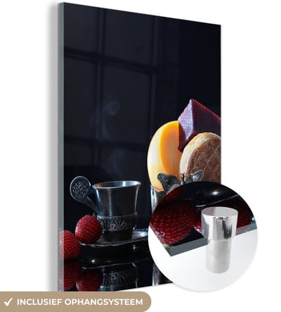 MuchoWow® Glasschilderij 120x160 cm - Schilderij acrylglas - Rustiek - Fruit - Kaas - Tafel - Stilleven - Foto op glas - Schilderijen