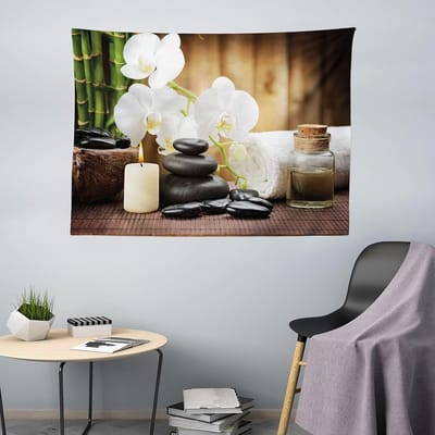 ABAKUHAUS Spa Wandtapijt, Stenen Bloemen, Woonkamer Slaapkamer Wanddoek Zijdezacht satijn wandtapijt, 200 x 150 cm, Wit, Groen en Zwart