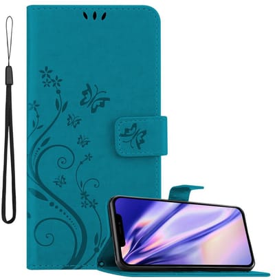 Cadorabo Hoesje geschikt voor Apple iPhone 12 / 12 PRO in BLOEMEN BLAUW - Beschermhoes in bloemmotief met magnetische sluiting, standfunctie en kaartsleuven Book Case Cover Etui