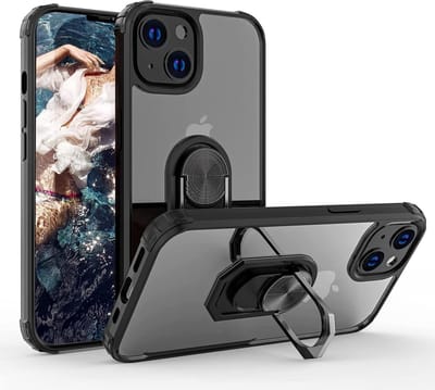 HB Hoesje Geschikt voor Apple iPhone 13 Zwart - Anti Shock Kickstand Ring Case