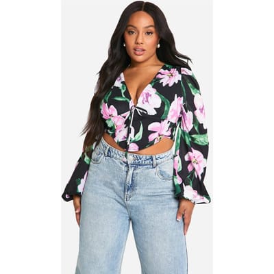 boohoo Dames Plus Large Floral Puff Sleeve Longline Korset Top | Zwart | Maat: 54