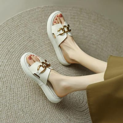 Zomer Dames Slippers Split Leer Platform Sandalen Dikke Hak Schoenen Dames Smalle Band Casual Sandalen Beknopte Dames Slides 39 wit
