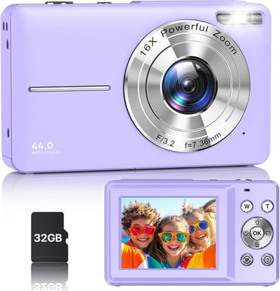 Camera - Digitale Camera - Professionele FHD 1080P Digitale Camera voor Kinderen & Tieners - 44MP Fototoestel met 32GB SD-Kaart - 16X Zoom Compactcamera - Vlog Camera met Webcam Functie - Paars