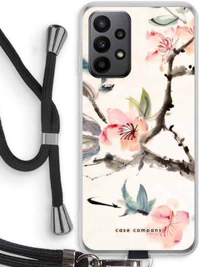 Case Company® - Hoesje met koord geschikt voor Samsung Galaxy A23 hoesje met Koord - Japanse bloemen - Telefoonhoesje met Zwart Koord - Bescherming aan alle Kanten en Over de Schermrand