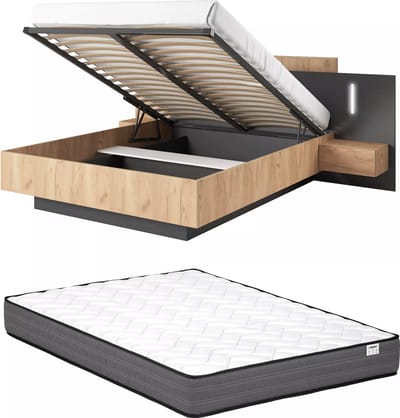 Vente-unique Bed met opbergruimte hout antracietgrijs, natuurlijk licht 160 x 200 cm